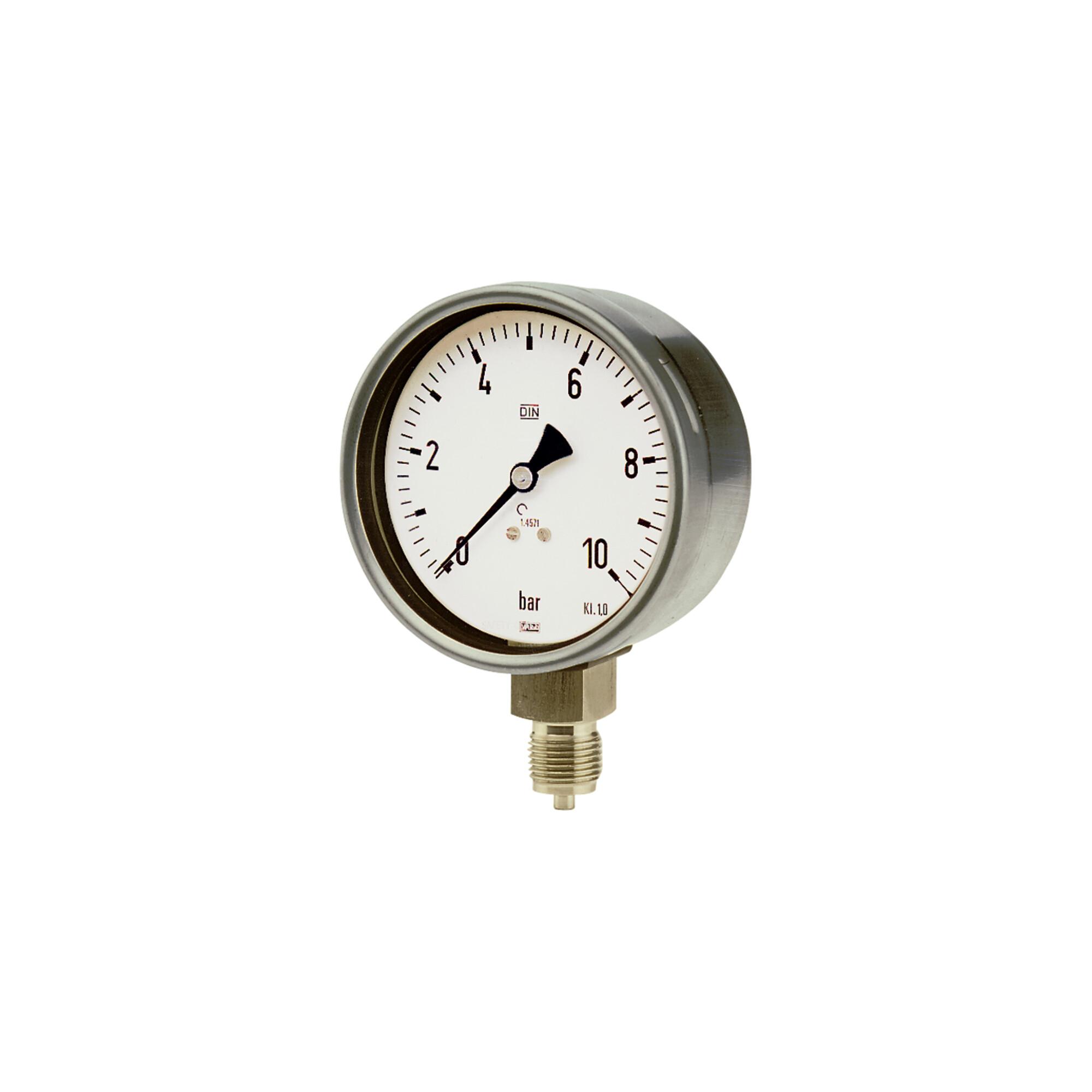 Riegler Manometer, CrNi-Stahl, G 1/2 radial unten, -1 / +15,0bar, Ã˜ 100 (4028)