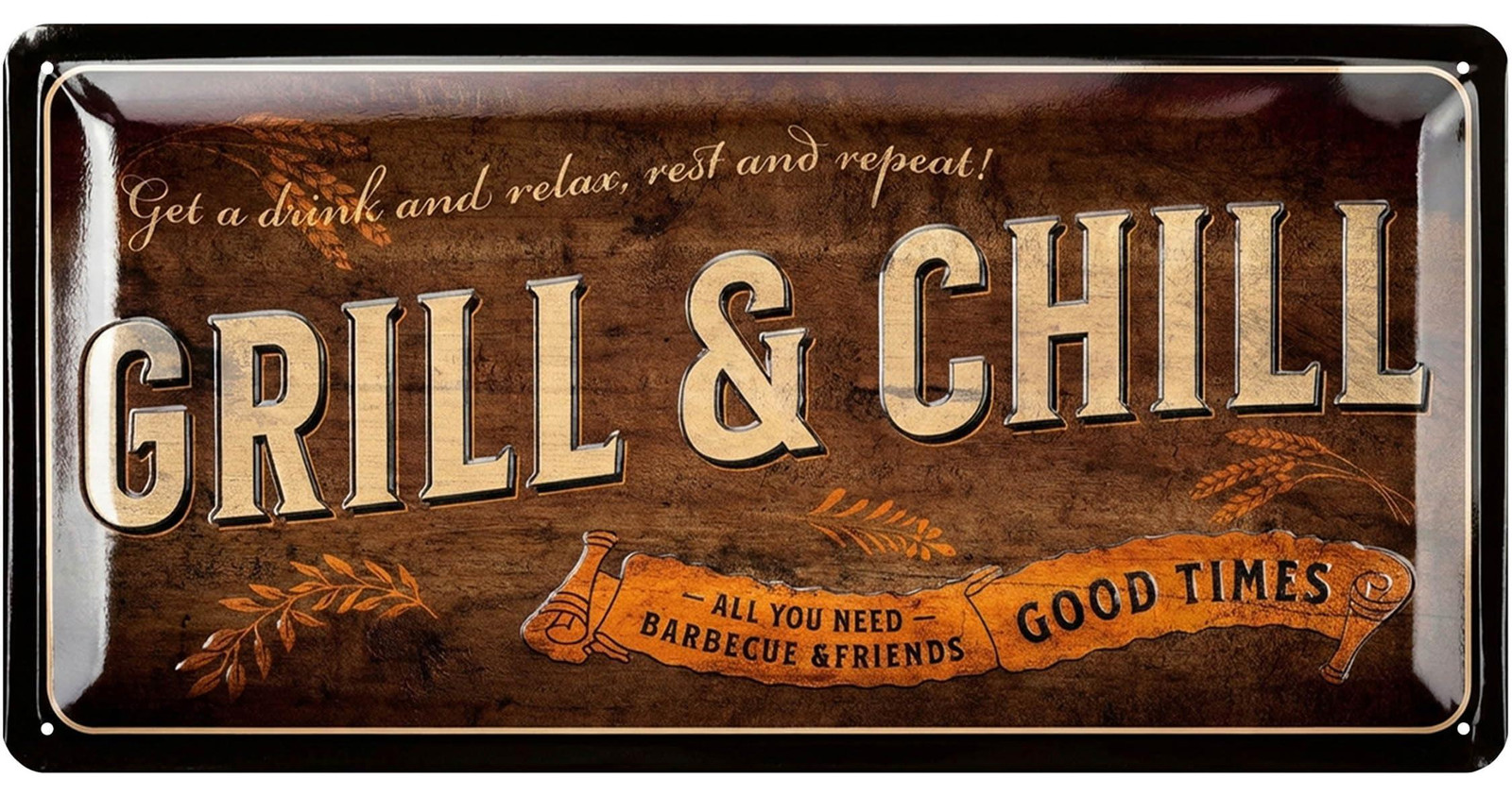 Dripio Retro metalen bord Grill & Chill, 17 x 34 cm, voor barbecue-decoratie