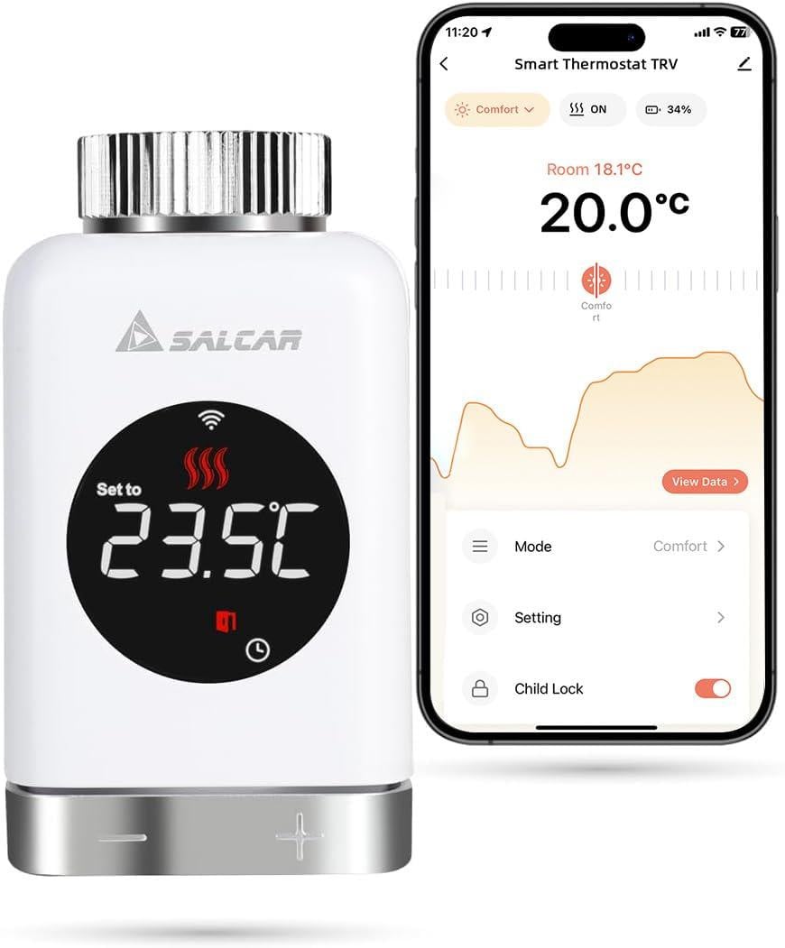 SALCAR Slimme Radiatorthermostaat TRV801W WiFi LCD Thermostaat compatibel met Amazon Alexa en Google Home Tuya-ondersteuning