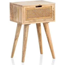 NACHTTISCH – Mango Massivholz/Rattan, 40x60x30 cm, Braun, 1 Schublade, Wiener Geflecht