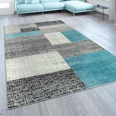 Paco Home Modern Area Rug Checked Pattern Mottled in Light Blue Grey White