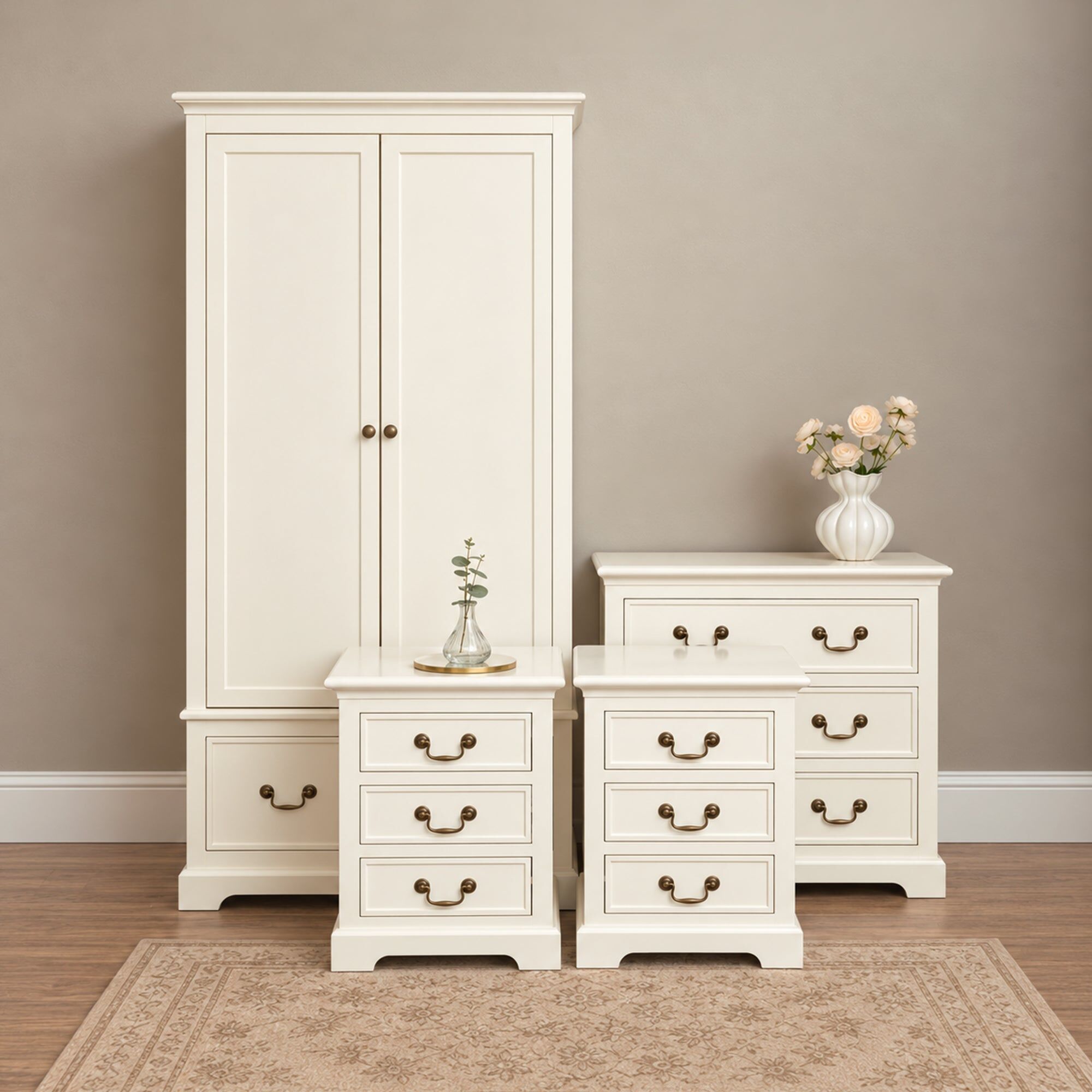 Ivory Wardrobe, 3 Drawer Chest of Drawers & Pair of 3 Drawer Bedside Tables - Charlotte Ivory Range Wood, Metal