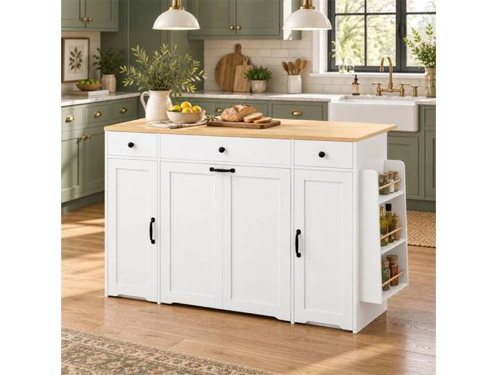 Buffet de Cuisine avec Plan de Travail Relevable - Buffet avec 3 Tiroirs 2 Portes et Étagère Latérale - Blanc