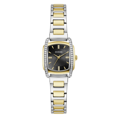 Quarzuhr GUESS "ETTA", gold (silberfarben, schwarz, silberfarben, goldfarben, schwarz), Armbanduhren, Damen, silberfarben-goldfarben, Quarzuhr, Armbanduhr, Damenuhr, Edelstahlarmband, analog
