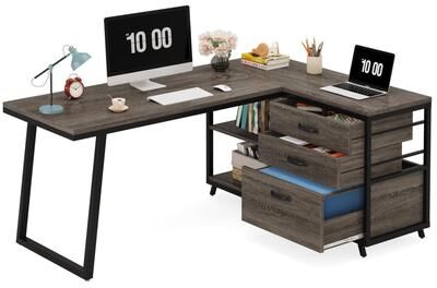 Bluebell Reversible L Shaped Desk With File Drawers, Corner Computer Desk
