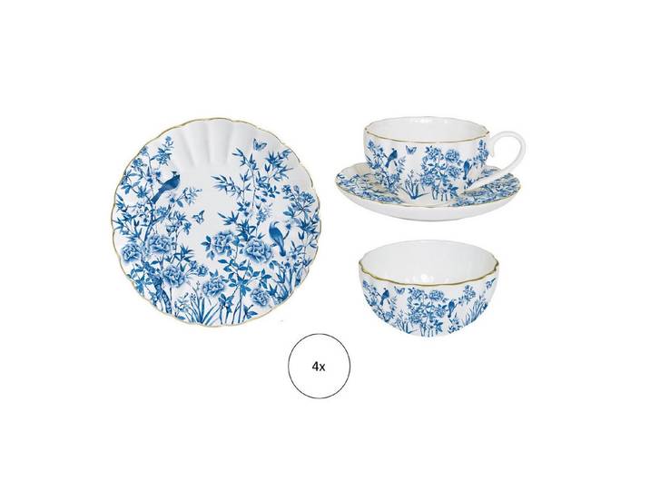 EasyLife Frühstücks-Geschirrset Paradise Garden, Porzellan, Handwäsche empfohlen, Mehrfarbig, Blumen und Vogel, H: 2.5cm