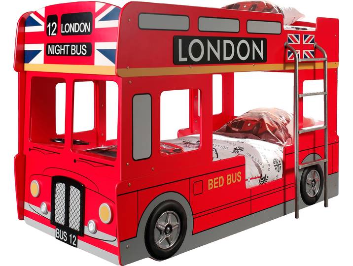 Etagenbett VIPACK London, in Londoner Stadtbuss-Optik, das Highlight im Kinderzimmer , rot, H:132cm L:215cm, Etagenbetten, Etagenbett, inkl. Bodenplatten für die Matratzenauflagen und seitlicher Leiter