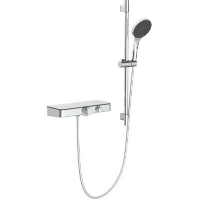 Duschsystem SCHÜTTE "Boston", silber (chrom), H:58,5cm T:2,2cm, ABS-Kunststoff, Messing, Brausegarnituren, Eco-Stopp-Funktion, Antikalk-Noppen, wassersparend