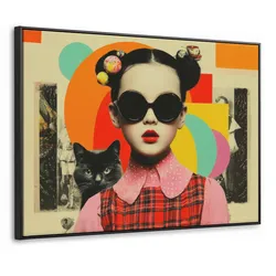 LEINWAND Bilder mit Rahmen - Mädchen - Sonnenbrille - Katze - Retro - 80x60
