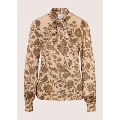 Langarmbluse MADELEINE "Bluse Schluppenbluse mit Blütenprint", Damen, Gr. 38, beige (beige, melange, dunkeltaupe), Modern, regular fit, hoch geschlossener Ausschnitt, Blusen