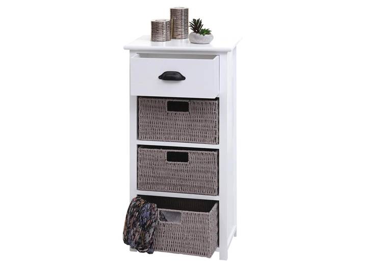 Kommode HWC-K84 mit Körben, Schrank Schubladenschrank, Holz MVG-zertifiziert 83x40x29cm Weiß, Körbe grau