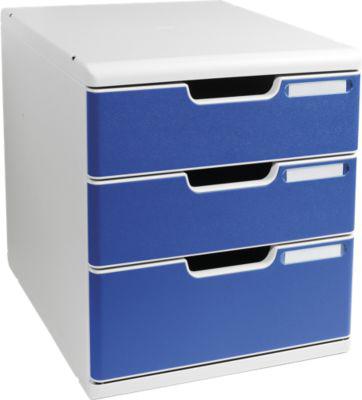 Exacompta MODULO A4 Schubladenbox Blau, 3 Schubladen geschlossen A4/A4+, staubgeschützt, leise, Sicherheitsstopp Fragen Erklären