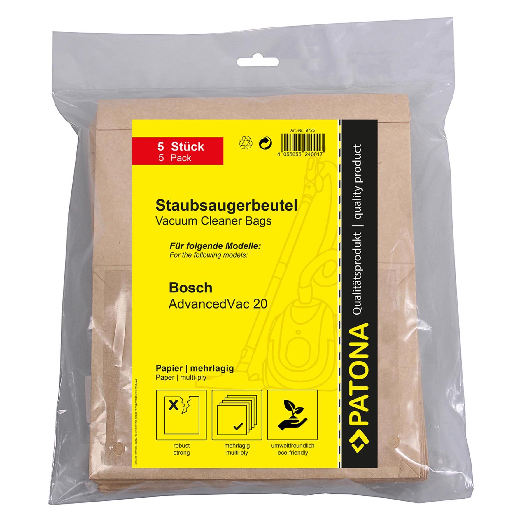 Patona 5 Staubsaugerbeutel mehrlagig Papier inkl. Microfilter f. Bosch AdvancedVac 20 2609256F33 (5x) (61064031)
