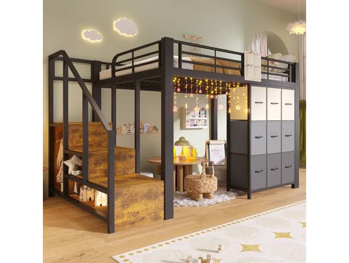 BTM Metall Hochbett 140x200 mit Treppe und Modulares Schubladen Hochbett Jugendliche mit Stauraum, Schwarz