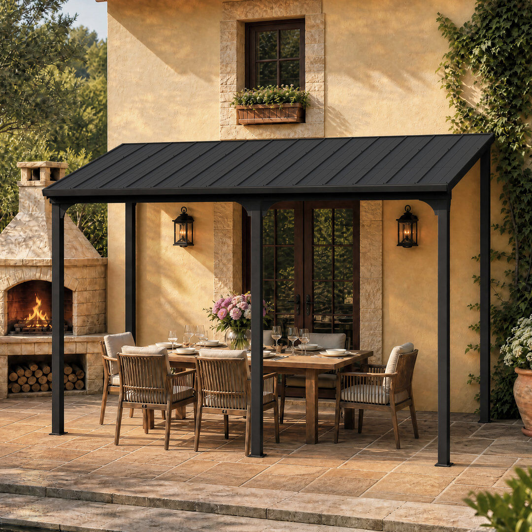 ELEVATE OUTDOORS Belmont Lean To Outdoor Patio Gazebo With Steel Slope Roof,EROMMY Hardtop Wall Mounted Metal Frame Pavilion Black 4.3m W x 3m D
