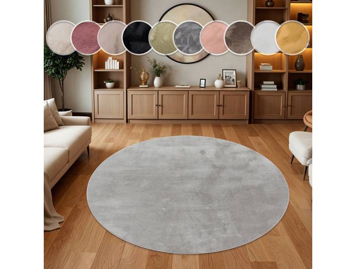 Fellteppich PACO HOME Kunstfell Soft 380 , grau, H:14mm Ø:200cm, Polyester, Teppiche, Fellteppich, Langflor, Kuschelteppich - besonders weich, Uni-Farben