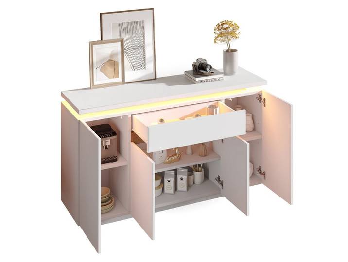 SeedWave Sideboard 140cm Moderne Kommode, Grifflose Türen & Schublade, LED-Beleuchtung, Flurschrank inkl. höhenverstellbare Einlegeböden, Türdämpfer