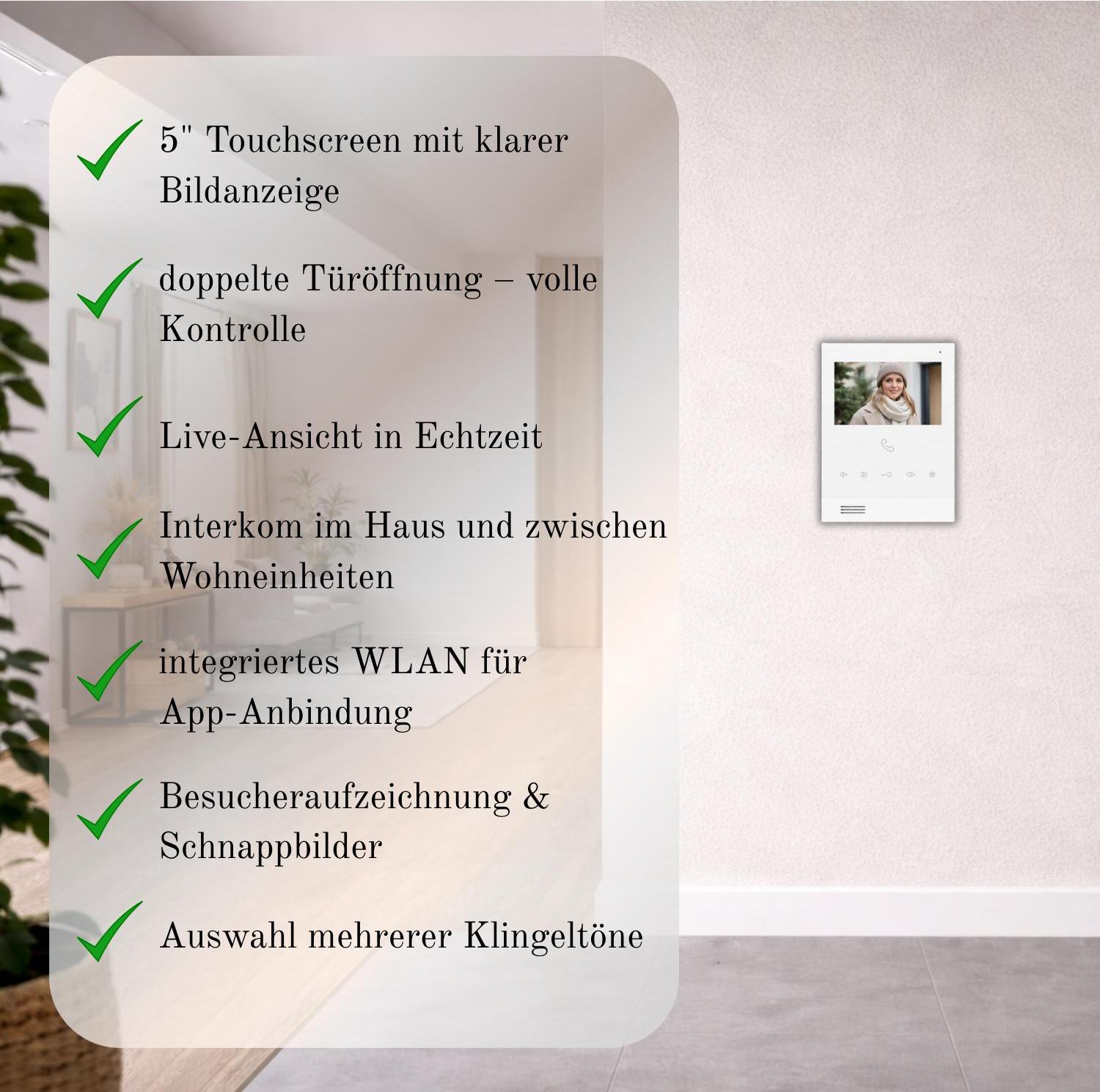 SCHUTZER Video-Türsprechanlage 1 Familie - 4× 5" WLAN Monitor T-IS16, 2-Draht-BUS