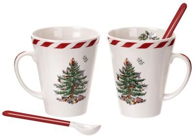 Spode Set of 2 Christmas Tree Peppermint Mugs with Spoons