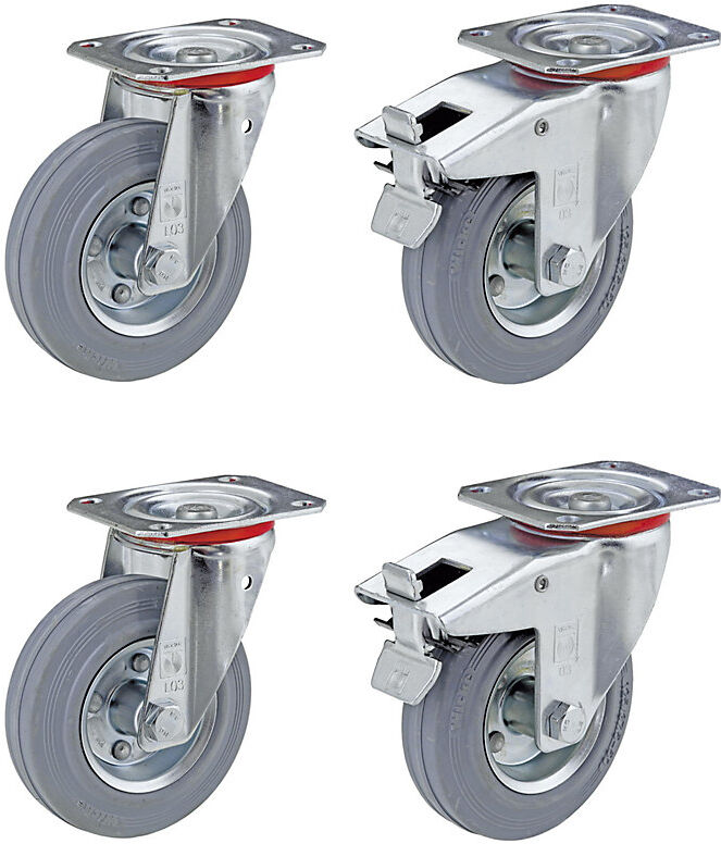 Vollgummi-Reifen, Set-Angebot, 2 x Lenkrolle und 2 x Lenkrolle mit Doppelstopp, Rad-Ø x Breite 100 x 30 mm Wicke
