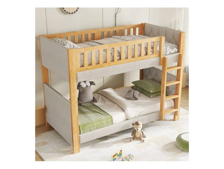 OKWISH Etagenbett Kinderbett Holzbett (mit Antikollisions-Schutz, gerader 4-Stufen-Treppe & stabilen Lattenrosten, 90x200 cm), ohne Matratze