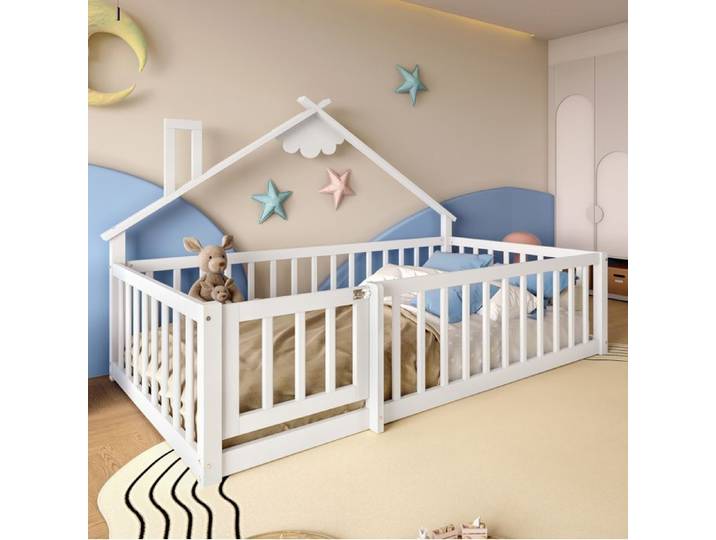 Lit cabane enfant 90 x 190 cm SENVIRO forme maison bois de pin blanc sans matelas
