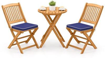 Costway 3 Pieces Acacia Wood Patio Folding Bistro Set with Soft Cushions-Navy