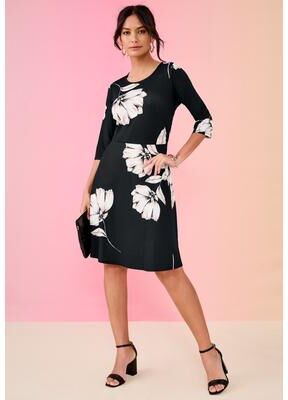 Plus Size Women's Stretch Knit Fit-And-Flare Dress by Roaman's in Black Begonias (Size 24 W)