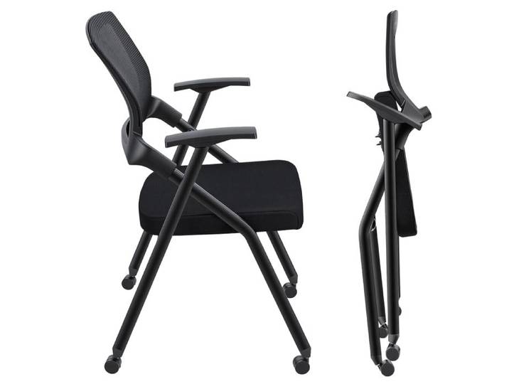 Chaise de bureau réunion pliable ergonomique en maille avec accoudoirs et roulettes PU idéale pour réception et conférence - Noir
