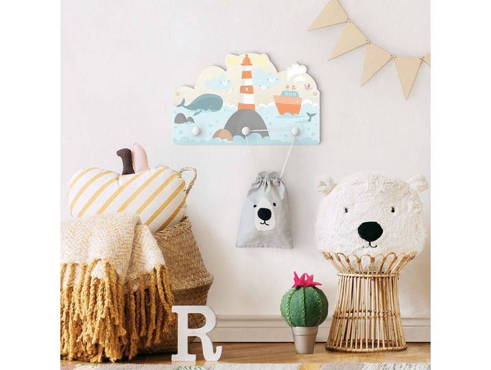 home24 Kinderkapstok Vuurtoren Walvis 40 x 25 x 1cm blauw
