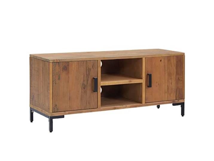 GKHPYURE TV-Schrank aus Massivholz, Kiefer, 110 x 35 x 48 cm, Braun 4 Fächer, staubdicht, robust, industrieller Vintage-Stil