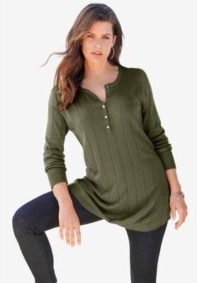Plus Size Women's Plus Size Drop Needle Henley Lightweight Sweater Knit by Roaman's in Dark Olive Green (Size S)