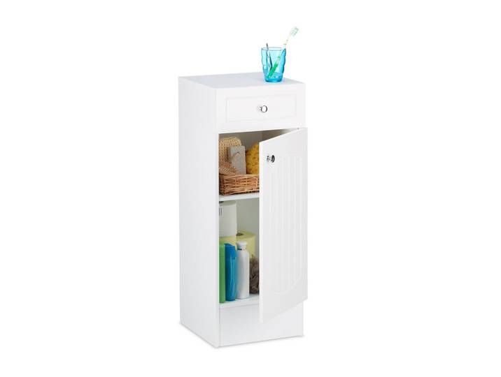 Relaxdays Badschrank Weiß MDF mit Schublade, 30.5x80x30.5 cm, Badezimmer, Badmöbel, Unterschränke