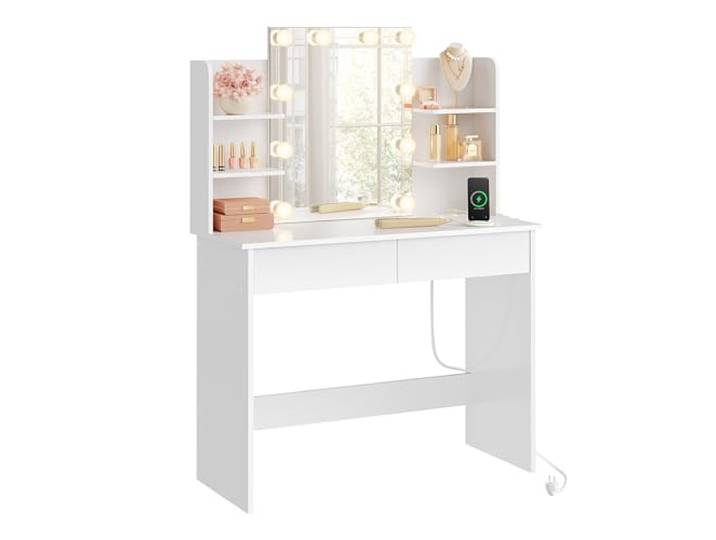WOLTU Schminktisch mit Spiegel, LED Beleuchtung, Steckdosen, USB-A/USB-C Helligkeit Einstellbar, 2 Schubladen, Verstellbare Ablagen, Kleiner Frisiertisch für Schlafzimmer, Modern, Weiß