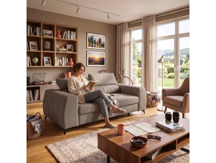 Muffo Piero S2 2-Sitzer Sofa verstellbare Kopfstützen Beige 206 cm Couch, freistehend, 2-Sitzer, Metallfüße, Velours, Element, Water Blocked, Wellenfedern, Polstermöbel