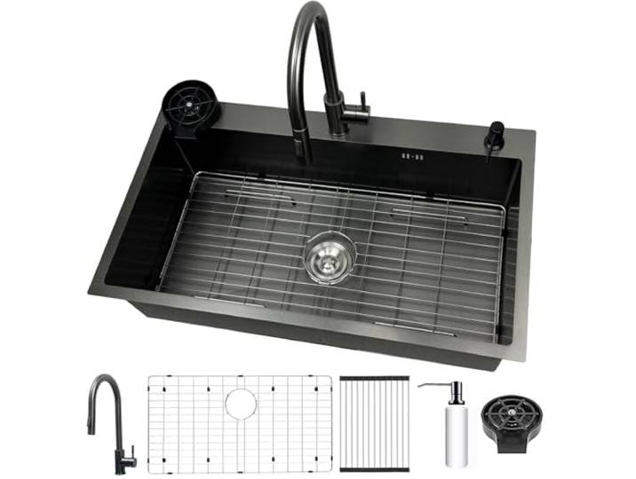 Schwarz 80x50cm Großformatige Einzelspüle, Edelstahl kitchen sink, Mit Abtropfkorb & Wasserhahn inkl,Glasreinigungs-Set, Robuste Küchenspüle, für Familienrestaurant