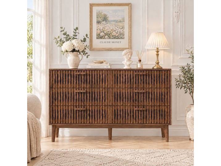 Commode 6 Tiroirs Commode Chambre Design Rainuré Chiffonnier Scandinave Noyer Foncé 100x34x73cm