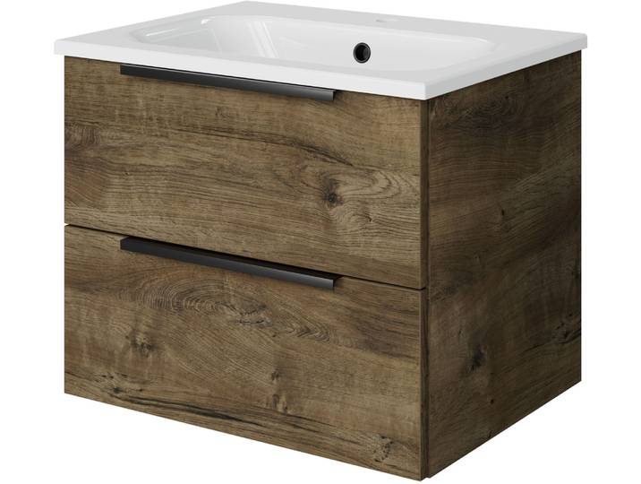 Badmöbel-Set SAPHIR Mineralmarmor-Waschtisch mit Waschtischunterschrank , braun (eiche ribbeck quer nachbildung), B:61cm H:50cm T:46cm, Holzwerkstoff, Kastenmöbel-Sets, Badmöbel-Set