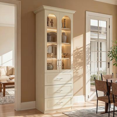 Homsee Modular Bookcase with LED Lights, Glass Door Storage Cabinet with Drawers, Large Display Shelving Unit Sideboard