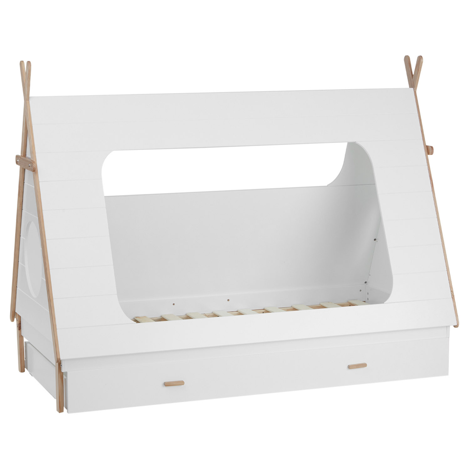 Homestyle4u Kinderbett 90x200 mit Bettkasten 2er Set Strauraum Schublade mit Lattenrost Tipi Hausbett Kinderbett Kiefer Weiß Kinderzimmer