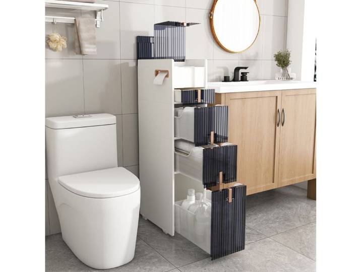 WOVREO Colonne de rangement salle de bain étroite 4 tiroirs 2 couvercles rabattables PP blanc