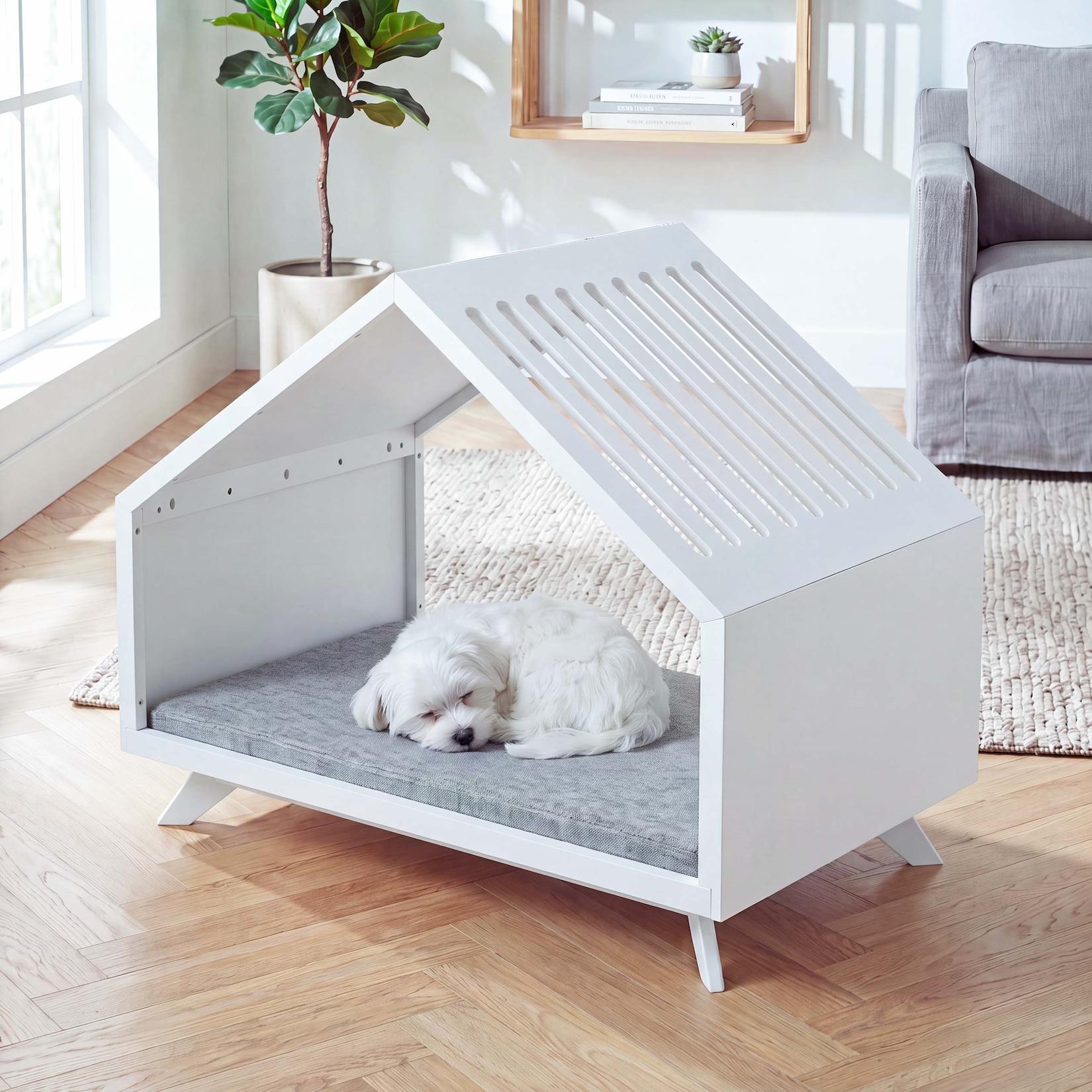 Schlafhütte MCW-Q65, für Haustiere Katzen-/Hundebett Tierhaus Holz MVG 80x100x60cm ~ weiß, Kissen grau