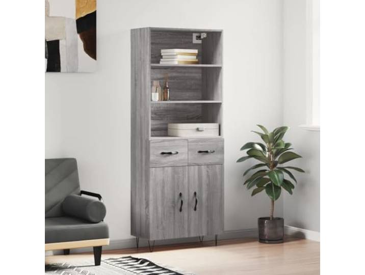 Modernes Highboard mit Wandhalterung aus Holzwerkstoff, Highboard aus Holzwerkstoff mit Metallfüßen, Praktischer Schrank mit Türen für Ordnung, Elegantes mit Stauraum, Graues fürs