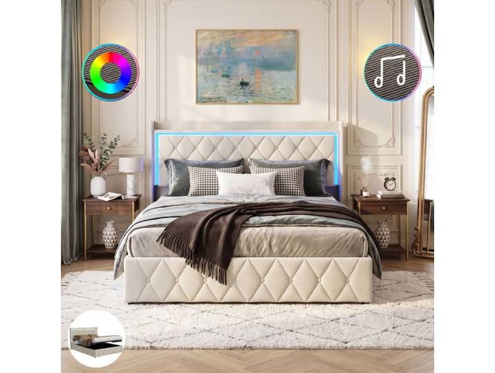 Lit coffre - NEXU - Velours beige - Tête de lit LED avec USB - Sommier à lattes 140x190 avec rangement