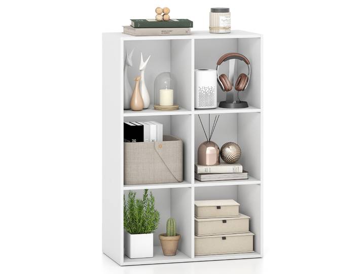 Boekenkast van Hout met 6 Open Vakken Witte Boekenkast met Kantelbeveiligingsset Cube Rek Staand Rek Opbergrek Wit