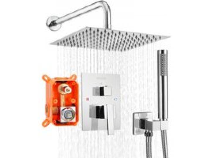 VEVOR Duscharmatur Regenduschsystem fürs Badezimmer Duschsystem mit 254 mm quadratischen Regenduschkopf & Handbrause, wandmontierte Badezimmerarmaturen mit Messingventil & Zierset, Silberchrom