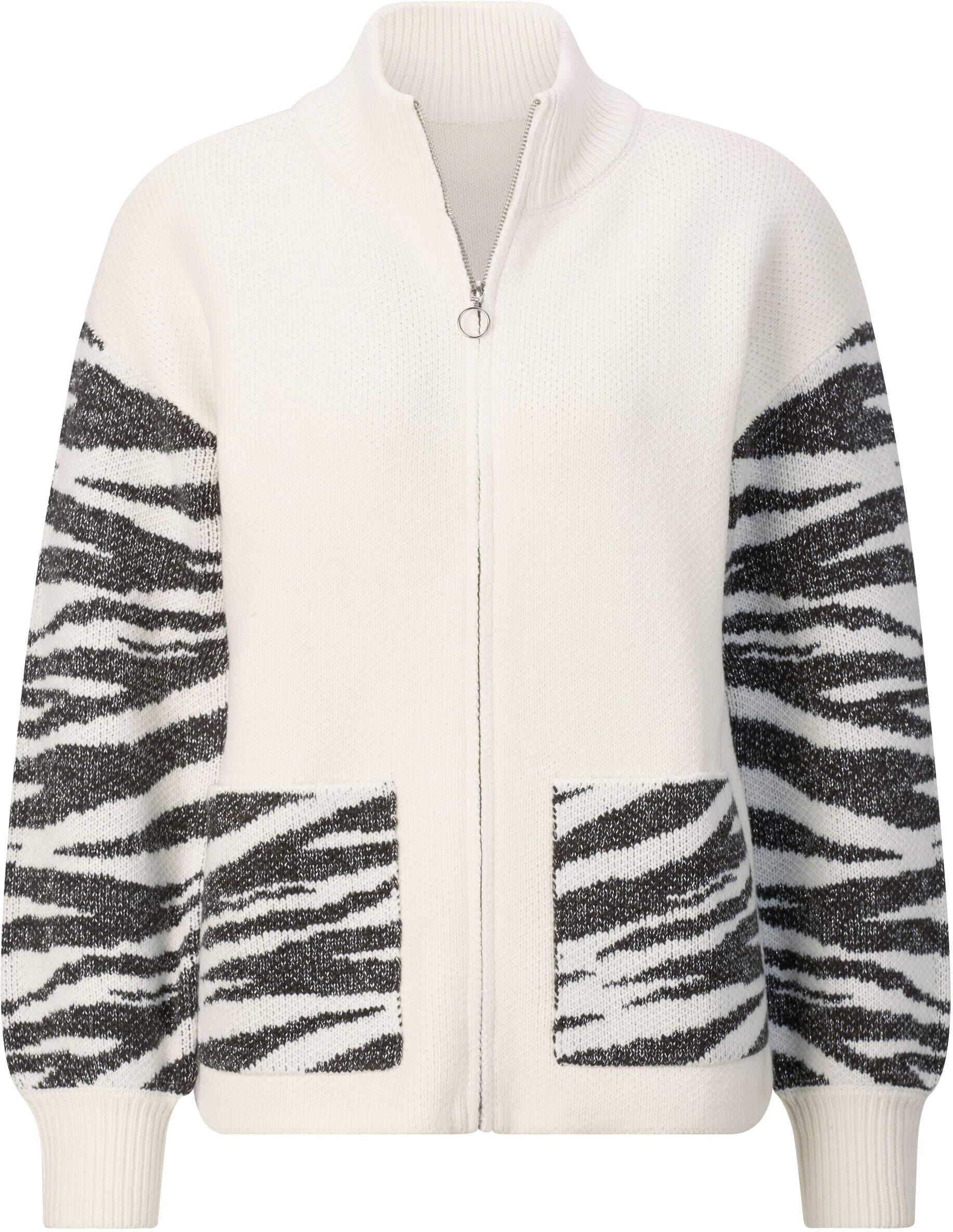 Sieh An! Strickjacke SIEH AN "Strickjacke Jacquardstrickjacke mit Zebramuster", Damen, Gr. 46, schwarz-weiß (ecru, graphit, gemustert), Modisch, Strickjacken Strickjacke