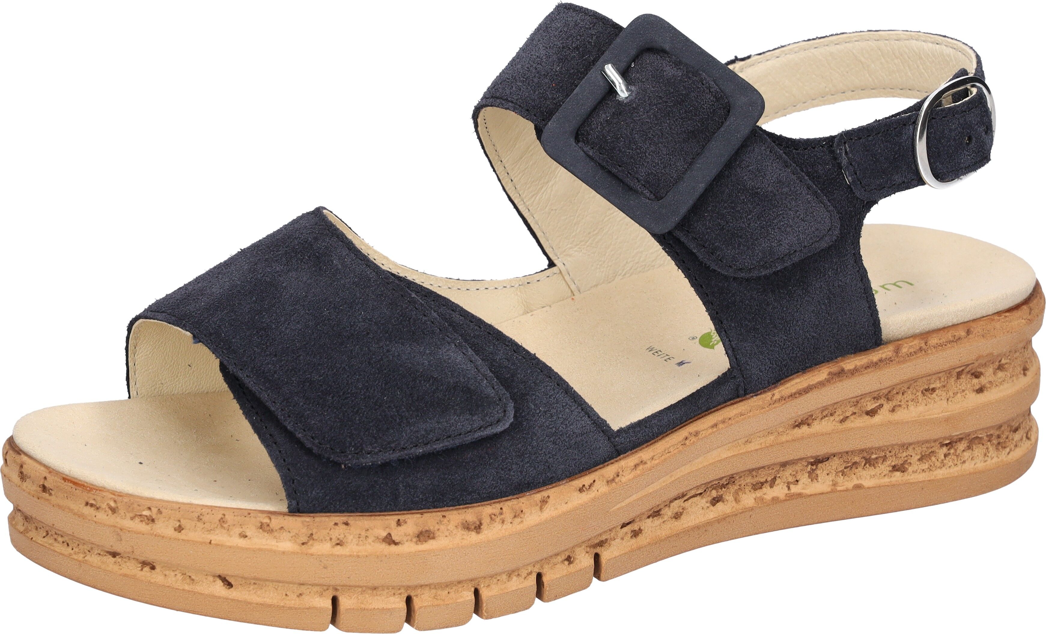 Sandalette WALDLÄUFER "K-Arlene", Damen, Gr. 4,5 (37,5), Leder, blau (dunkelblau), Veloursleder, unifarben, Schuhe Sandalette, Sommerschuh, Klettsandale in Extraweite K für den kräftigen Fuss dunkelblau 4,5 (37,5), Leder