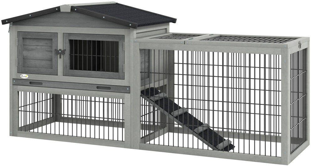 PawHut Rabbit Hutch Wooden Guinea Pig Hutch with Run & Tray Light Grey 68cm H X 150cm W X 52.5cm D