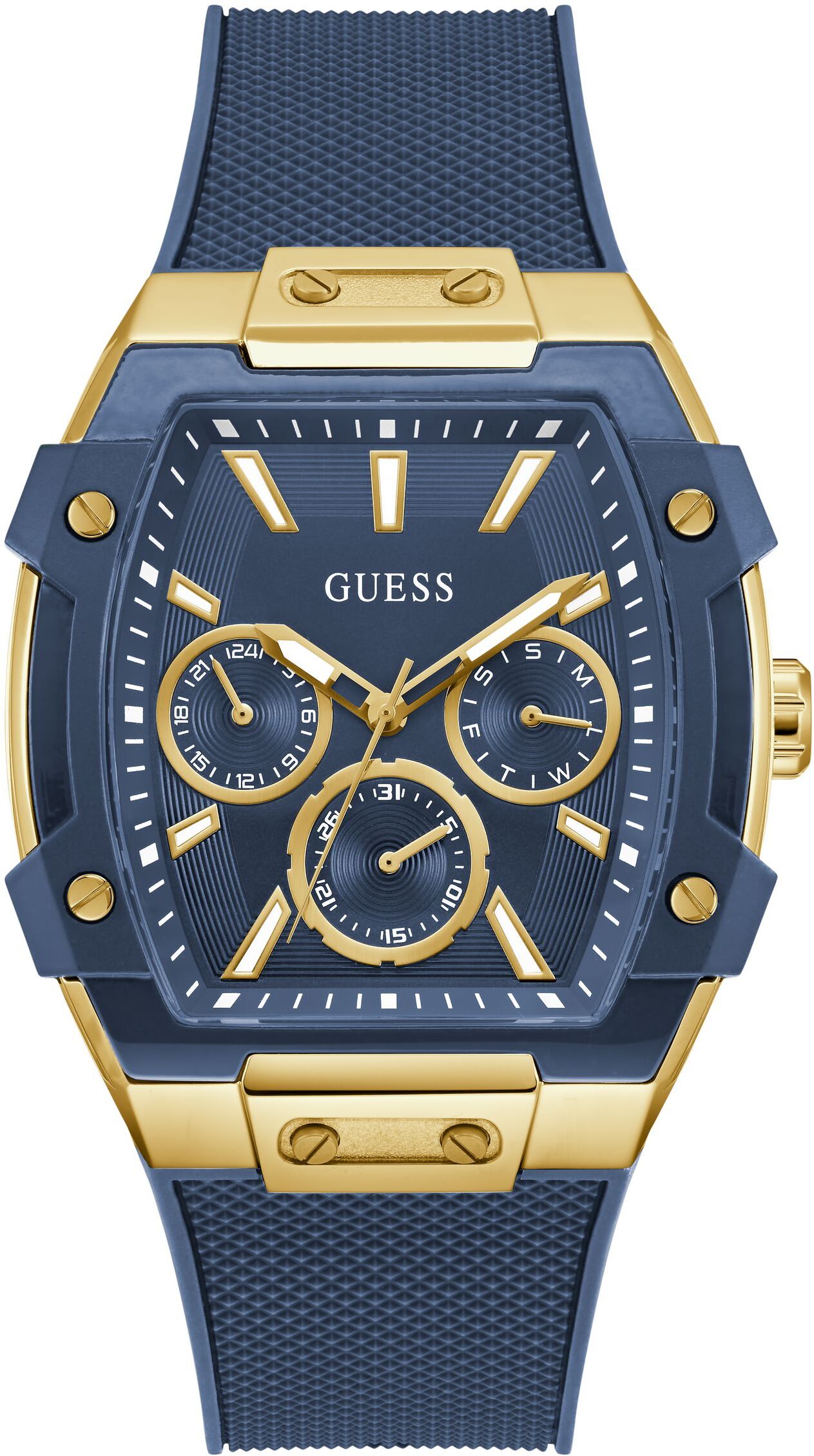 Multifunktionsuhr GUESS "PHOENIX", blau (blau, goldfarben, blau), Armbanduhren, Herren, goldfarben, Multifunktionsuhr, Quarzuhr, Armbanduhr, Herrenuhr, Silikonarmband, analog, Wochentag